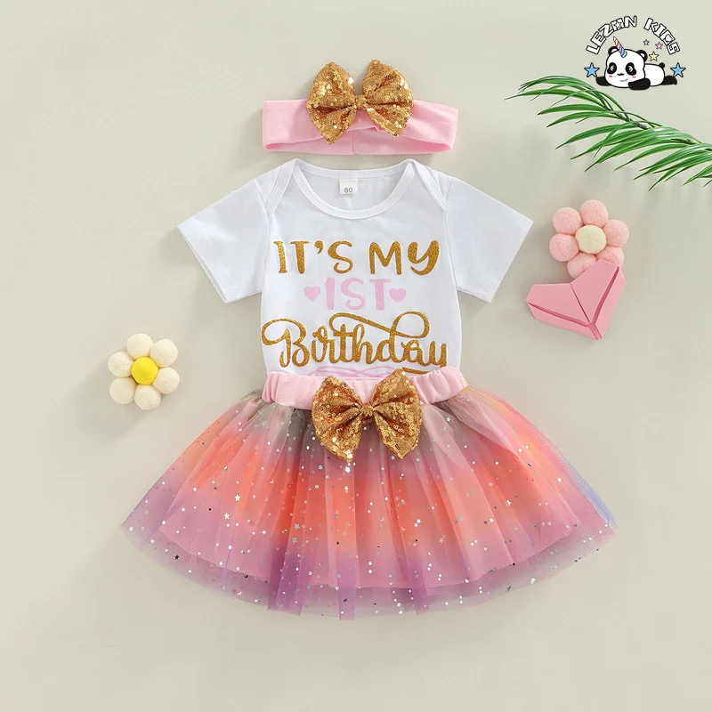 LEZONKIDS - Factory Hot Sale Two-piece Set Birthday Letter Print T-shirt Sequined Mesh Princess Tutu Skirt